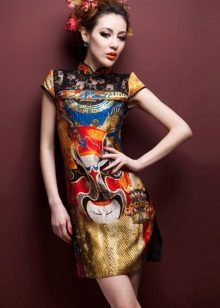 Oriental-style silk dress with a bright national pattern