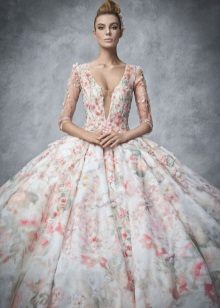 Beautiful Floral Print Deep V Neck Wedding Dress