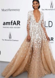 A fluffy flesh-colored dress with white lace