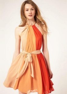 Dress combining three colors - terracotta, beige, milk