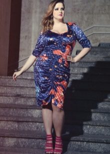 Blue knit dress with orange pattern for full