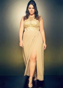 Long knitted beige dress with high waist for full