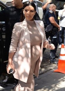 Long beige maternity floor dress with a jacket