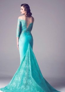 Turquoise lace dress with a train