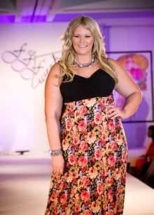 Dress - a sundress with a black bodice and a skirt with a floral print for overweight women