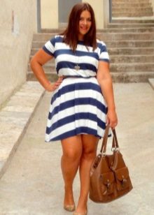 Striped a-line dress with strap for overweight women combined with a brown bag