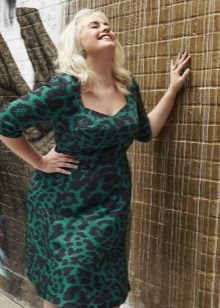 Office dress A-line green with black print for full