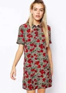 Gray Polo Dress with Red Floral Print