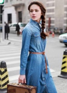 Denim shirt dress with a strap for a retro look