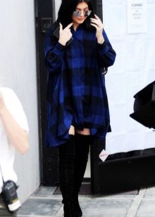 A spacious blue check shirt dress with black suede over the knee boots