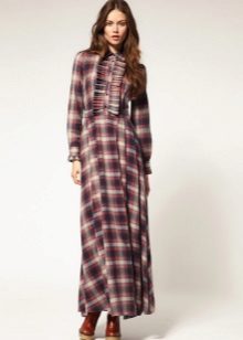 Long check shirt dress with ruffles