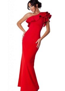 Long red dress with frill one shoulder