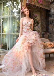 A puffy dress with a floral train