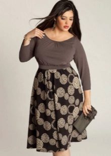 Dress Tatyana from plain light fabric on the top and dark fabric with print on the skirt for overweight women