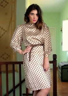Silk beige dress in brown polka dots with a sleeves
