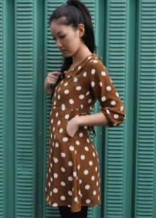 Brown Dress in White Large Peas with Three Quarter Sleeve