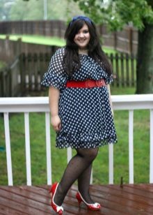 Blue Polka Dot Dress with Red Belt and Full Shoes