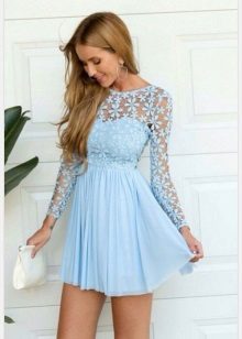 Light Blue Combined Lace Short Sleeve Long Dress