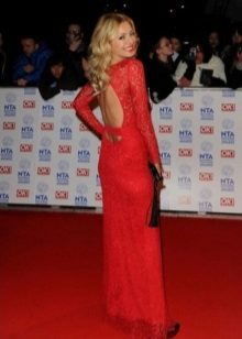 Long red dress with a long sleeve and an open back