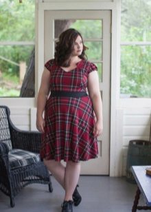Plaid dress with a black bet on a belt for obese women