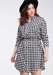 Plaid shirt dress for overweight women with belt and hat