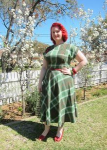 Green check dress with a full skirt for overweight women