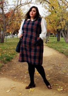 Plaid dress with a white collar and bulky long sleeves for overweight women