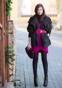 Black pantyhose under a bright knit dress