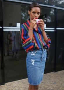 Medium-length denim pencil skirt