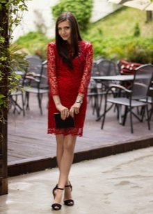 Red lace dress with black accessories
