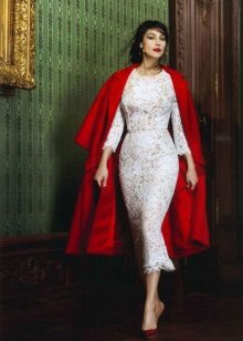 Red coat to lace midi dress