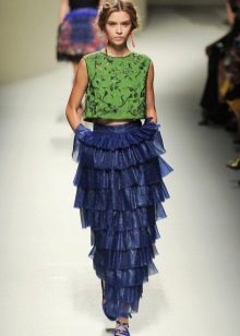 navy organza flounced straight skirt