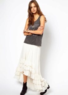 Asymmetric skirt with ruffles below the knee