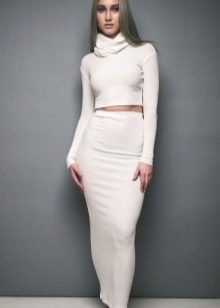 A long knit pencil skirt combined with a cropped turtleneck