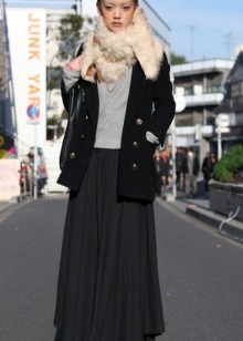 Short coat with a fur edge combined with a long skirt for girls with a figure like Pear