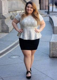 Skirt combined with a peplum blouse for a girl with an apple-like figure