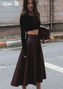 Burgundy leather skirt with crop top
