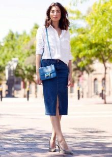Straight denim skirt with a white shirt