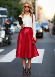 red midi skirt in the image of a business woman