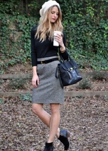 Gray pencil skirt with black turtleneck and white beret