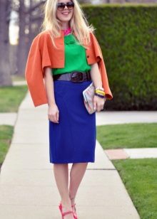A blue pencil skirt combined with a bright top