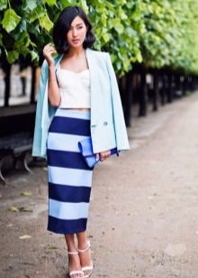 wide blue and white striped midi skirt