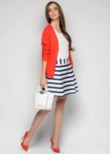 striped skirt with a coral jacket