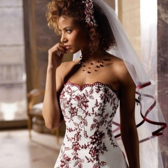White and red wedding dress with veil