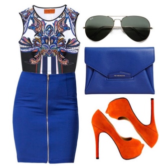 Orange shoes to a blue dress