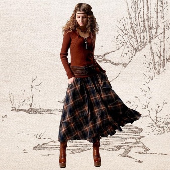 comfortable check skirt with asymmetric flounce