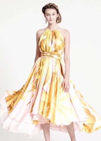 Yellow evening dress with print