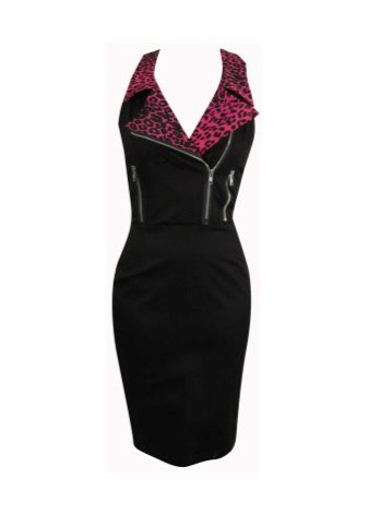 Black dress with a collar with a red leopard print