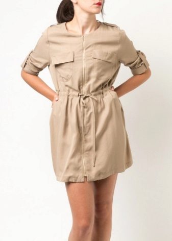 Beige Drawstring Safari Dress in Cotton