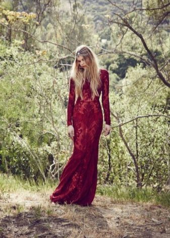 Lace transparent burgundy floor dress